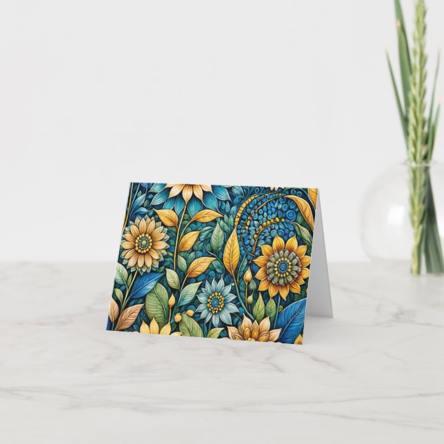 Cute Blue Sunflower Abstract Art Blank Note Card (Front)