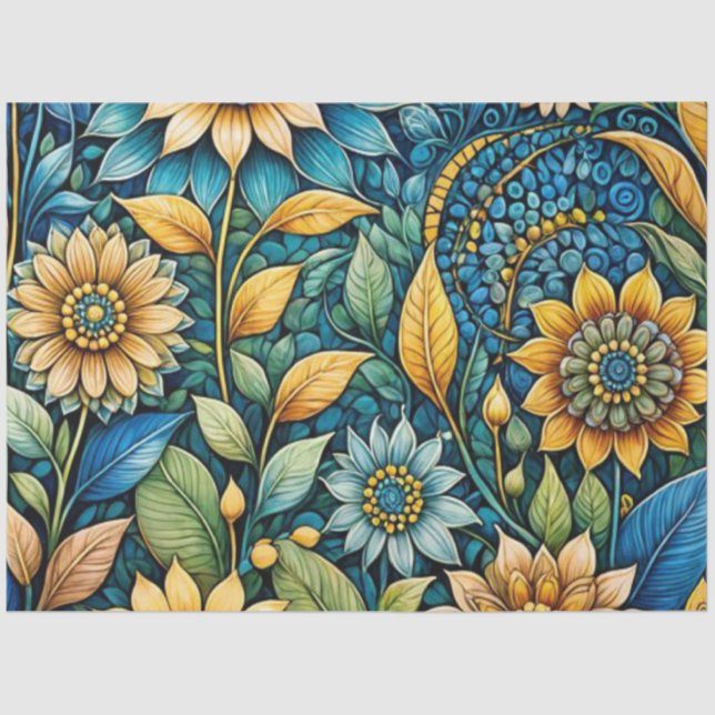 Cute Blue Sunflower Garden Abstract Art Decoupage Tissue Paper (Front)