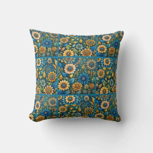 Cute Blue Sunflower Garden Quilt Pattern Throw Pillow