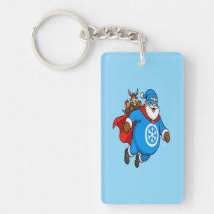Cute Blue Superhero Santa Claus Christmas Sticker Keychain