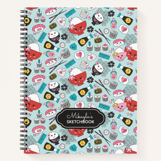 Cute Blue Sushi Pattern Artist Sketchbook Notebook (Front)