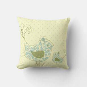 Cute Blue Swirly Mom & Baby Bird Whimsical Damask Throw Pillow