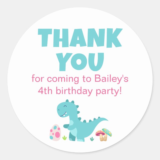Cute Blue T-Rex Birthday Party Thank You Classic Round Sticker (Front)