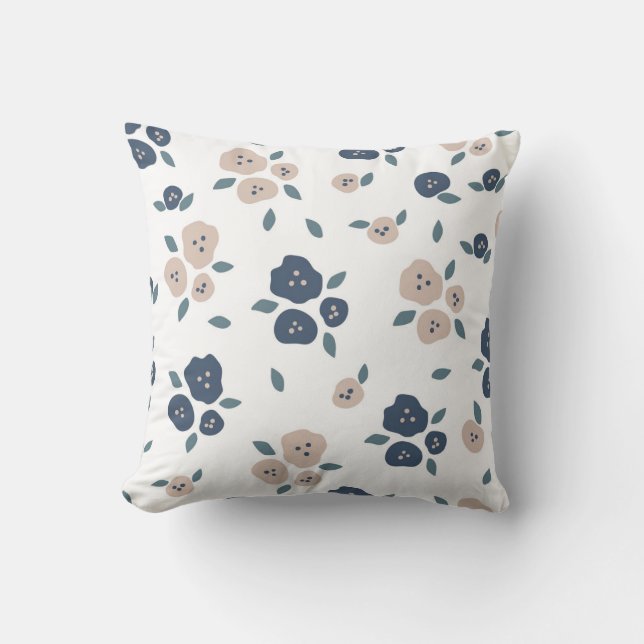 Cute Blue Tan Floral Modern Farmhouse Pretty Throw Pillow (Front)