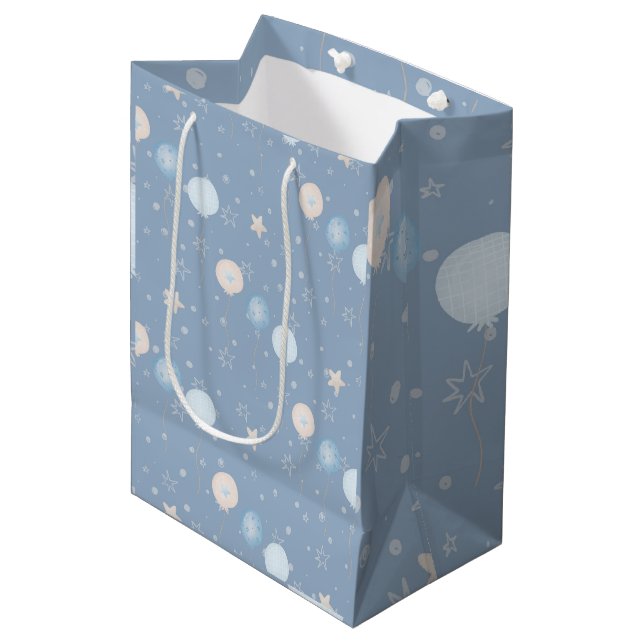 Cute Blue Taupe Balloons Stars Party Gift Medium Gift Bag (Front Angled)
