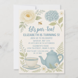 Cute Blue Tea Party Anniversaire Invitation
