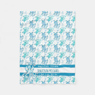 Cute Blue & Teal Watercolor Octopus Baby's Name Fleece Blanket