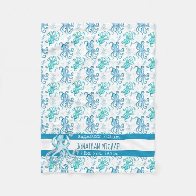 Cute Blue & Teal Watercolor Octopus Baby's Name Fleece Blanket (Front)