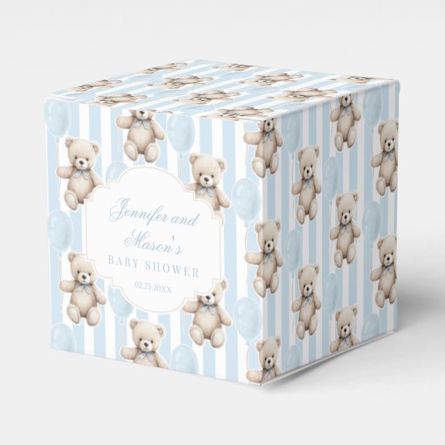 Cute blue teddy bear baby boy shower favor box (Front Side)