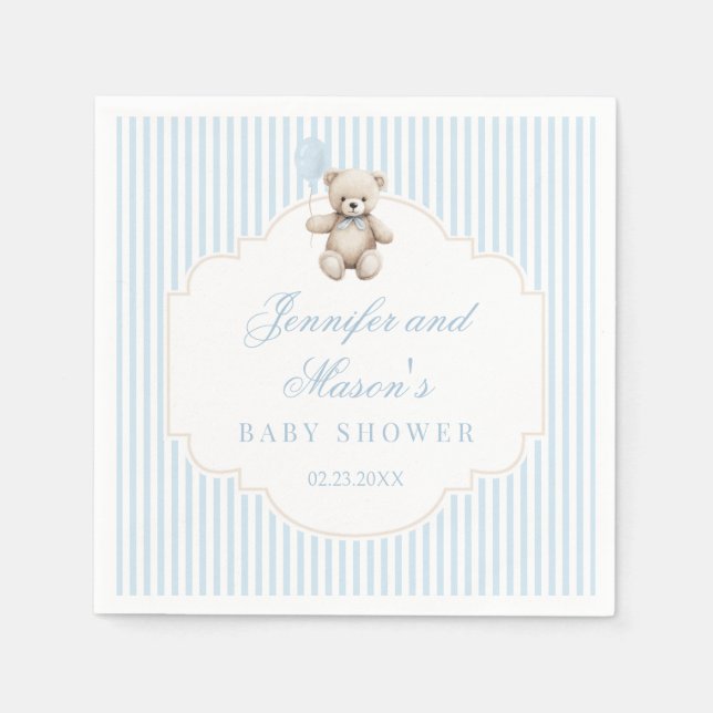 Cute blue teddy bear baby boy shower Paper Napkin (Front)