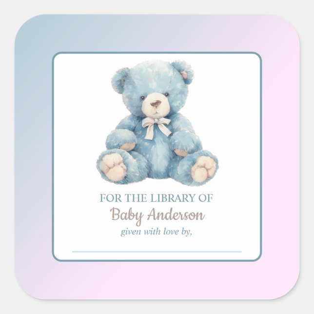 Cute Blue Teddy Bear Baby Shower Bookplate  Square Sticker (Front)