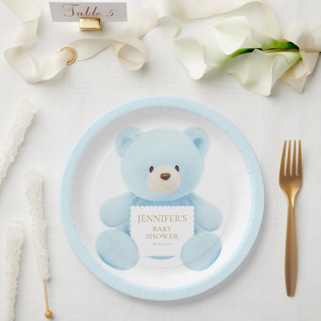 Cute Blue Teddy Bear Baby Shower Paper Plate (Wedding)
