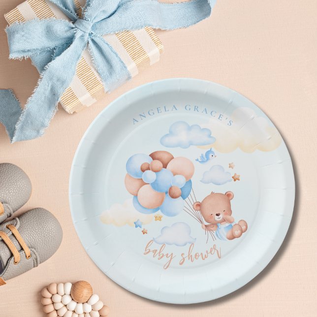 Cute Blue Teddy Bear Baby Shower Paper Plate (Creator Uploaded)