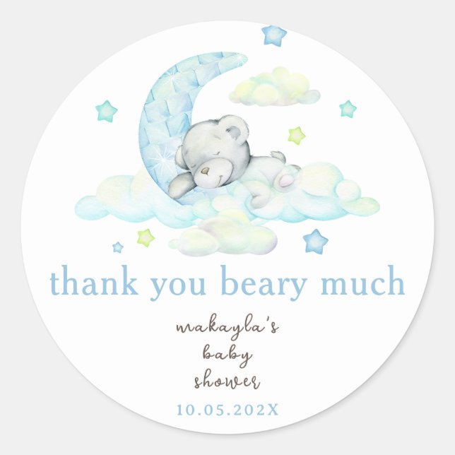 Cute Blue Teddy Bear Baby Shower Thank You Classic Round Sticker (Front)