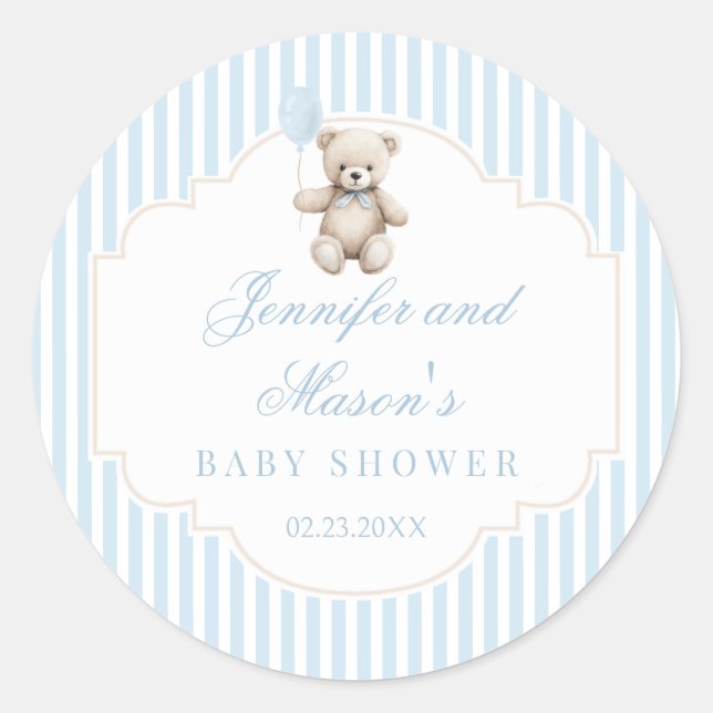 Cute blue teddy bear balloon boho baby boy shower classic round sticker (Front)