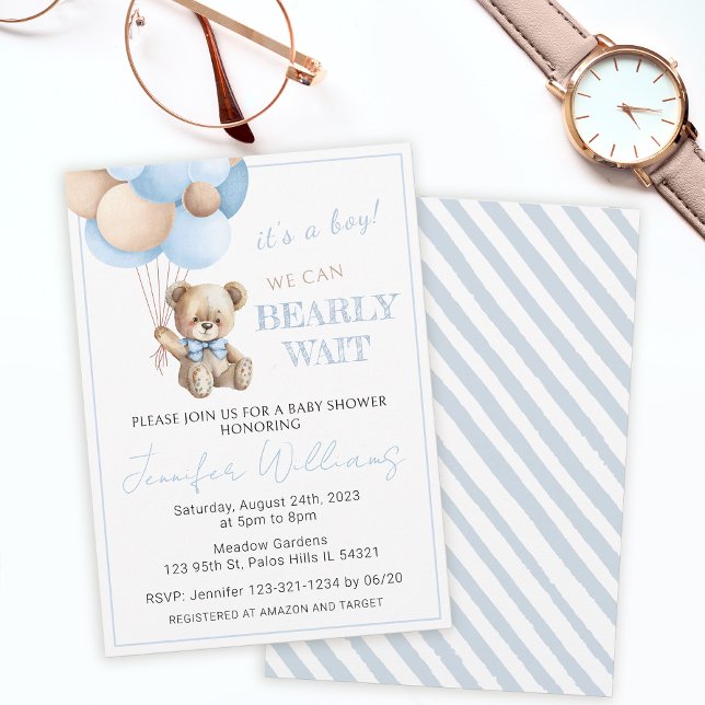 Cute blue teddy bear balloons baby boy shower invitation (Creator Uploaded)