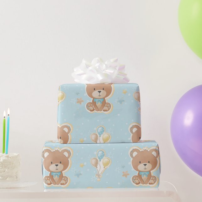 Cute Blue Teddy Bear Balloons Baby Boy Shower  Wrapping Paper (Party Gifts)