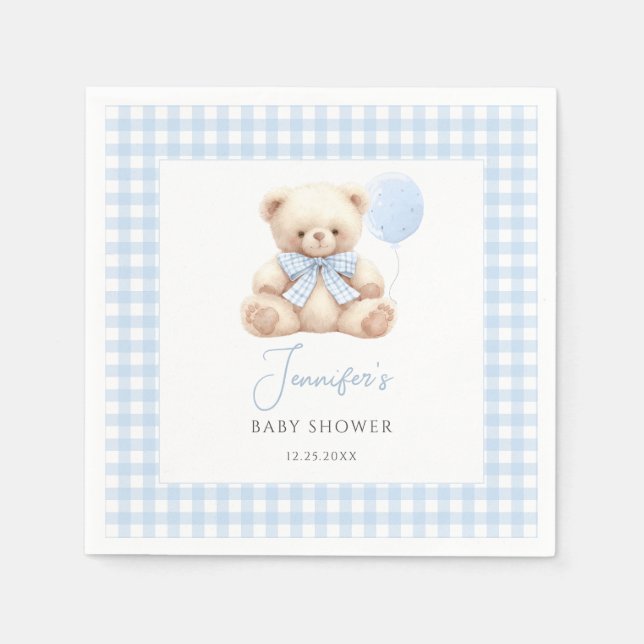 Cute Blue Teddy Bear Bow Balloon Baby Boy Shower Napkin (Front)