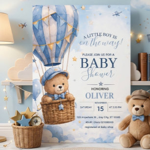 Cute Blue Teddy Bear Hot Air Balloon Baby Shower Invitation