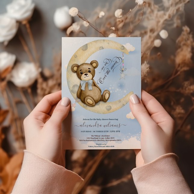 Cute Blue Teddy Bear Moon Balloons Boy Baby Shower Invitation (Creator Uploaded)