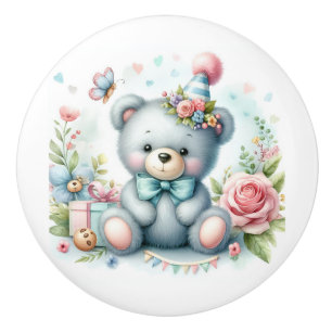 Cute Blue Teddy Bear Pink Roses Baby Room Ceramic Knob