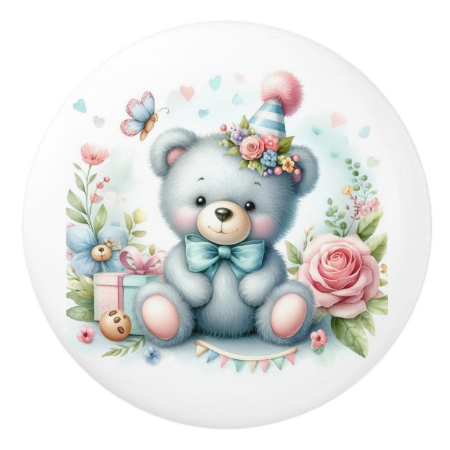 Cute Blue Teddy Bear Pink Roses  Baby Room Ceramic Knob (Front)