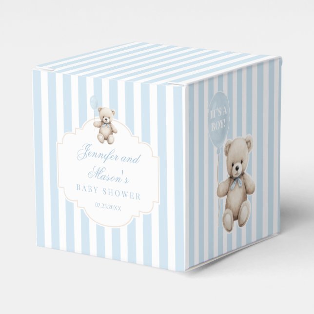 Cute blue teddy bear with balloon baby boy shower favor box (Front Side)