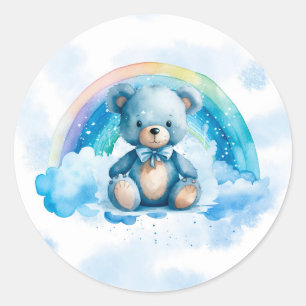 Cute Blue Teddy Bear with Rainbow Boy Baby Shower Classic Round Sticker