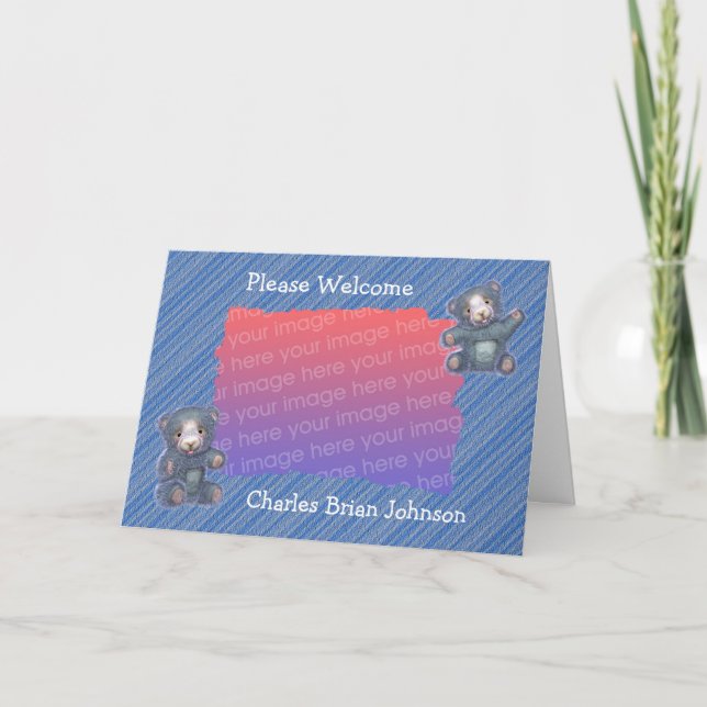 Cute Blue Teddy Bears New Baby Photo Announcement (Front)