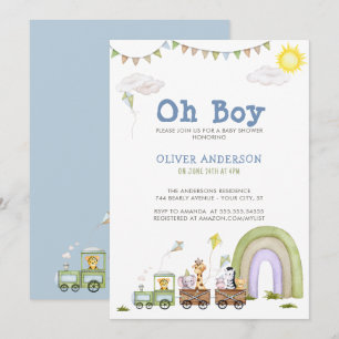 Cute Blue Train Travel Boys Baby Shower Invitation