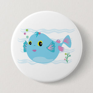 Cute Blue Tropical Fish Pink Fins 3 Inch Round Button