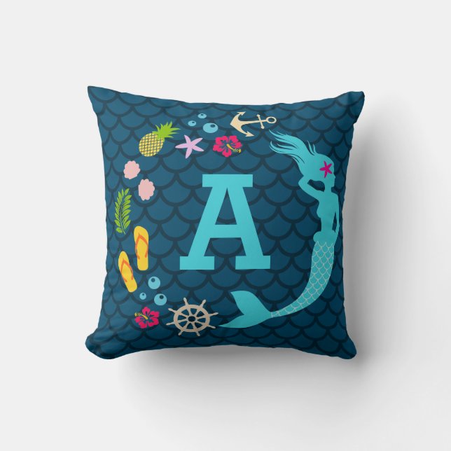 Cute Blue Tropical Mermaid Monogram Girls Throw Pillow (Front)