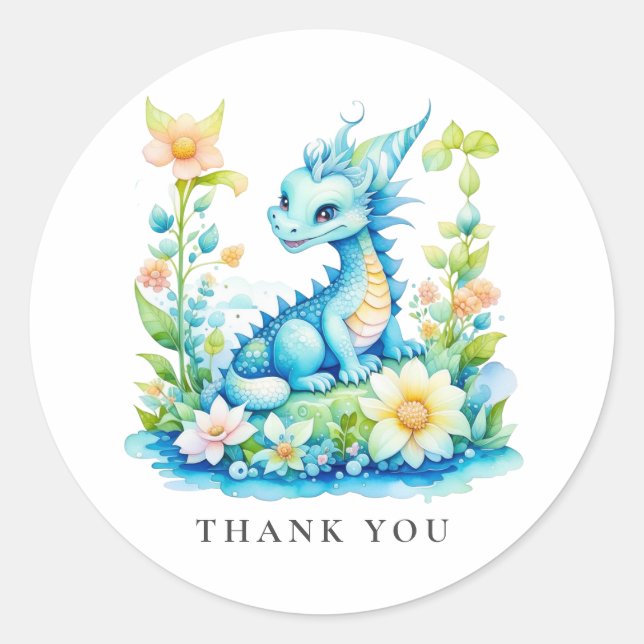 Cute Blue Turquoise Green Dragon Thank You Classic Round Sticker (Front)