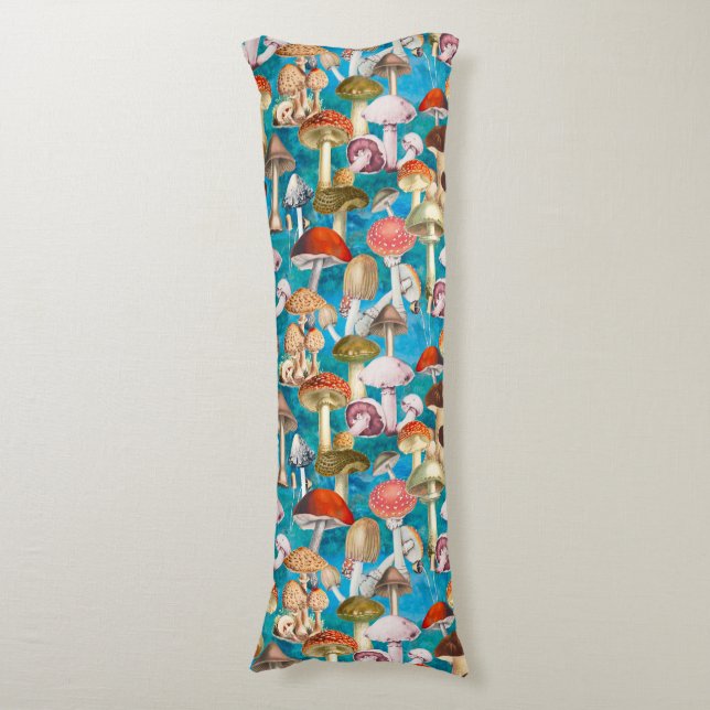 Cute blue turquoise mushroom fungi pattern  body pillow (Front Vertical)