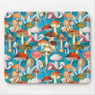 Cute blue turquoise mushroom fungi pattern  mouse pad