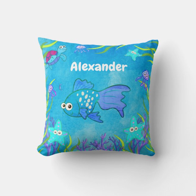 Cute Blue Under the Sea Fish and Starfish Throw Pillow (Front)
