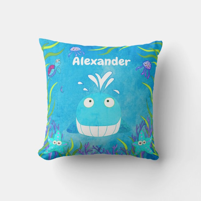 Cute Blue Under the Sea Whale Boy Throw Pillow (Front)