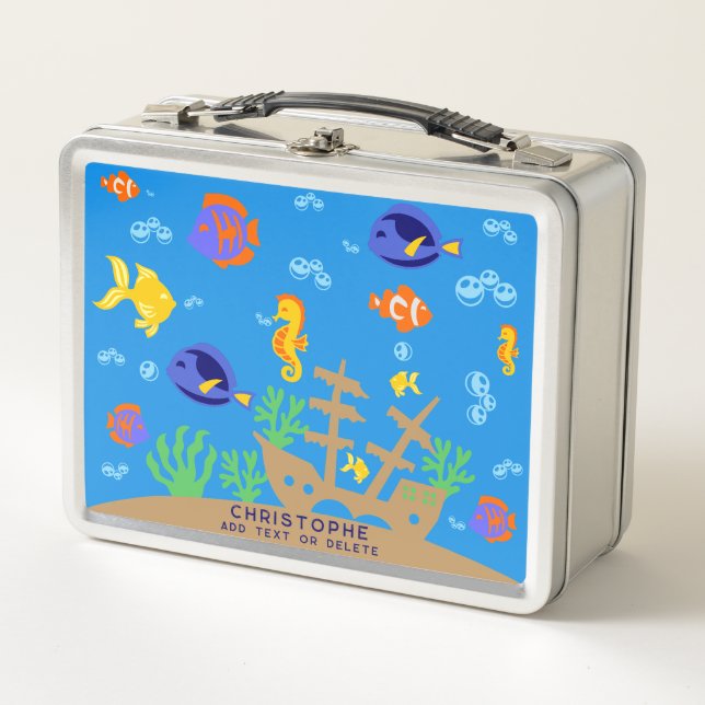 Cute Blue Underwater Colourful Fish Back To School Metal Lunch Box (Front)