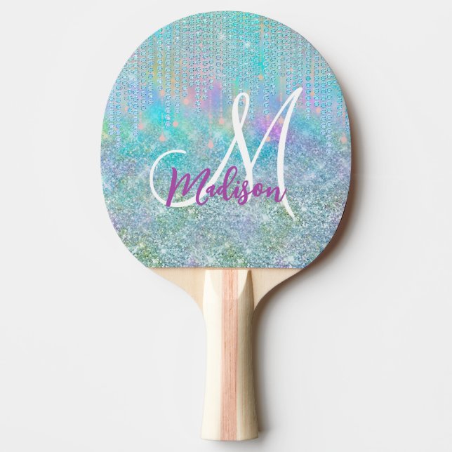 Cute blue unicorn rhinestones Drips monogram Ping Pong Paddle (Front)