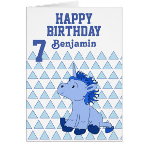 Cute Blue Unicorn Triangle Pattern Birthday Card