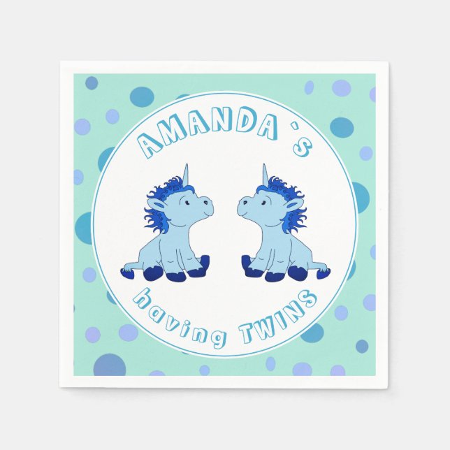Cute Blue Unicorn Twin Boys Baby Shower Napkin (Front)