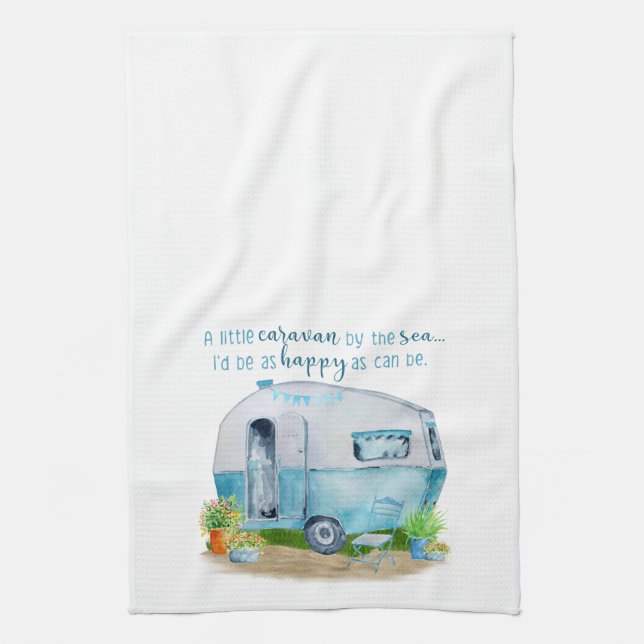 Cute Blue Vintage Retro Camper Caravan Kitchen Towel (Vertical)