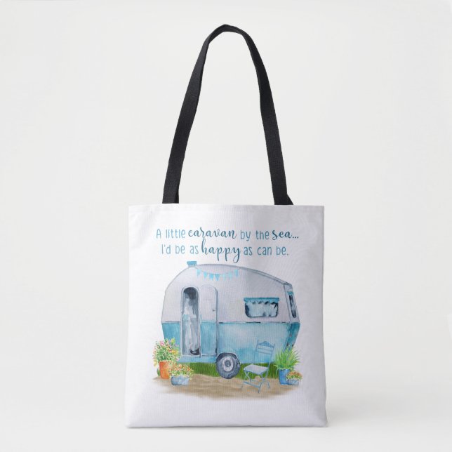 Cute Blue Vintage Retro Camper Caravan Tote Bag (Front)