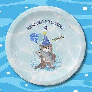 Cute Blue Water Boy Sea Otter Birthday Party Paper Plate
