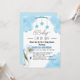 Cute blue watercolor and flower baby shower invitation