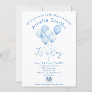 Cute Blue Watercolor Balloons Baby Shower Invitation