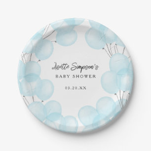 Cute Blue Watercolor Balloons Baby Shower Paper Plate