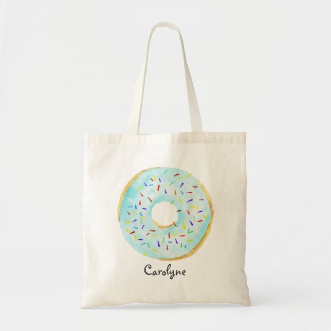 Cute Blue Watercolor Donut with Sprinkles Custom Tote Bag (Front)