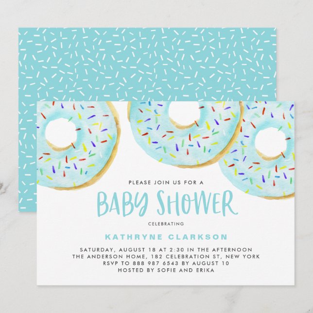 Cute Blue Watercolor Doughnuts Boy Baby Shower Invitation (Front/Back)