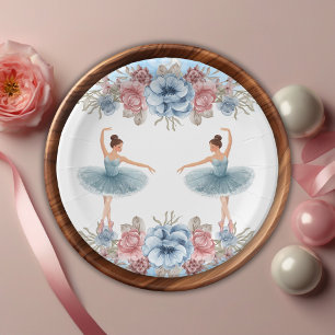 Cute Blue Watercolor Floral Ballerina Baby Shower Paper Plate